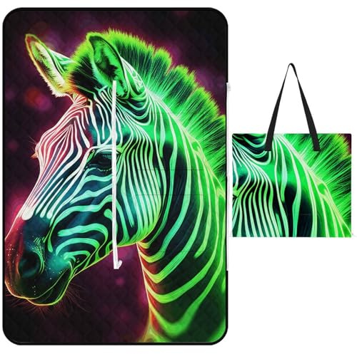 Leuchtende Zebra-Picknickdecke, maschinenwaschbar, 200 cm x 200 cm, extra groß, wasserdicht und sanddicht, faltbar, kompakte Stranddecke, extra große Outdoor-Matte für Camping im Frühling und Sommer,