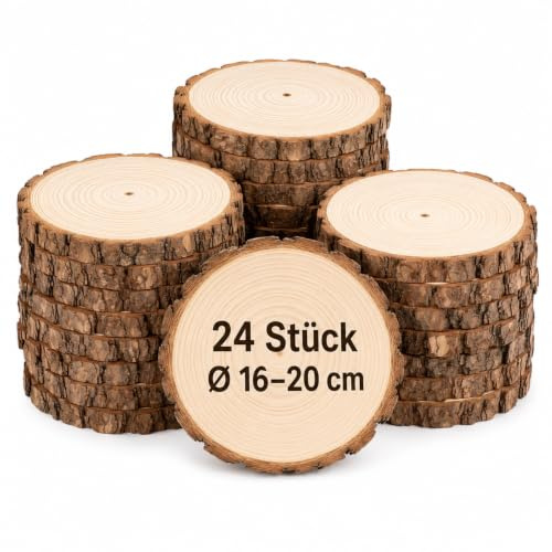 Truevaste Holzscheiben 20cm,24 STK Rund Baumscheiben zum Basteln & Holzdeko | Holzscheibe Ø 16–20 cm,15mm Dicke,ohne Loch,Unbehandeltes Kiefernholz, für Lasergravur,Tischdeko,Hochzeitsdeko,Weihnachtsdeko