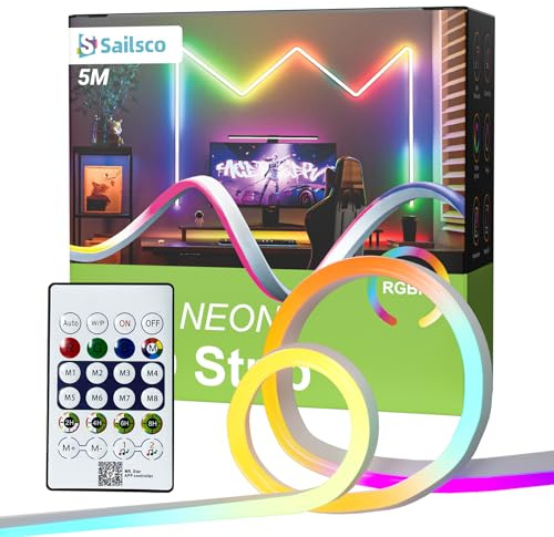 sailsco Neon LED Streifen 5M,Flexible LED Strip,Control with APP/Remote,Multiple Modes,Music Sync Gaming RGBIC Led Band for Schlafzimmer Wohnzimmer Wanddekoration,Weiß