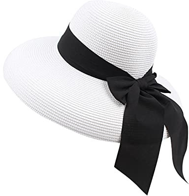Sombreros de Playa para Mujer, Sombrero de Paja de ala Ancha para Mujer con decoración de Lazo, Ligero, Plegable, Plegable, Sombrero de Paja para Viaje de Verano
