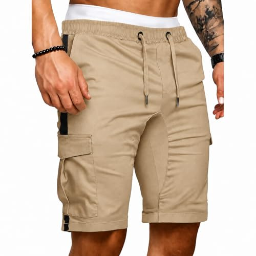 Geagodelia Short Cargo Décontracté pour Homme avec Cordon de Serrage Multiples Poches Fonctionnelles - Short Ample pour Plage Sport d'été (Kaki, XL)