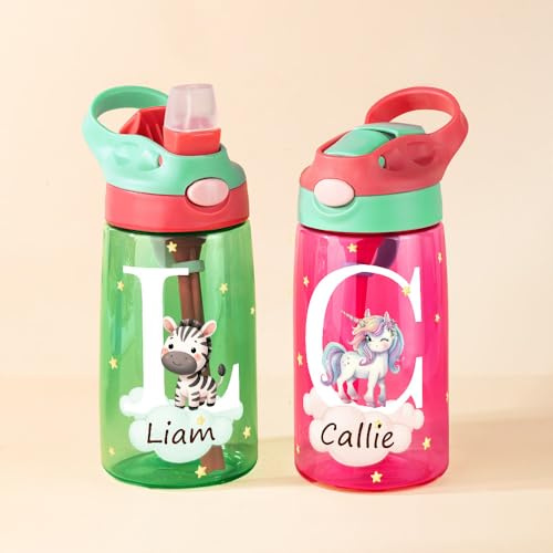 callie Personnalisation Gourde Enfant, 475 ml Personnalisable avec Nom Initiale et Motif Animal Bouteille avec Paille Sans BPA Cadeau Anniversaire Scolaire pour Enfant