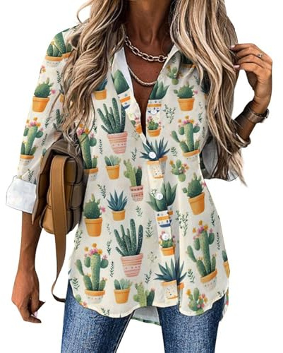 Langarm-Shirts mit Knopfleiste für Damen – Kaktus-Topf-Print-Blusen für Damen, elegante Oberteile, lässig