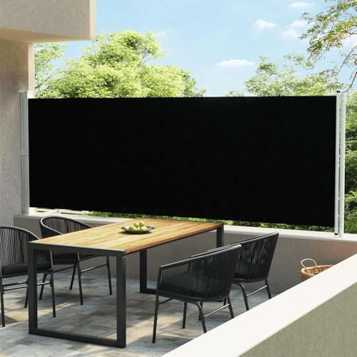 HaoChrymec Seitenmarkise Ausziehbar mit UV-beständigem Polyesterstoff, Automatische Rückrollfunktion, Sichtschutz Balkon, Freistehende Markise, Outdoor-Sonnenschutz, Schwarz, 600 x 160 cm