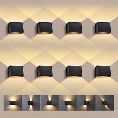 T-SUN LED Wandleuchte Solar Außen, 3000K Warmweiß Solarlampen für Außen mit Auf und ab Einstellbarer Lichtstrahl Abstrahlwinke, Solarwandleuchten Außen Wasserdichte für Wand Garten Zaun(8 Stücke)