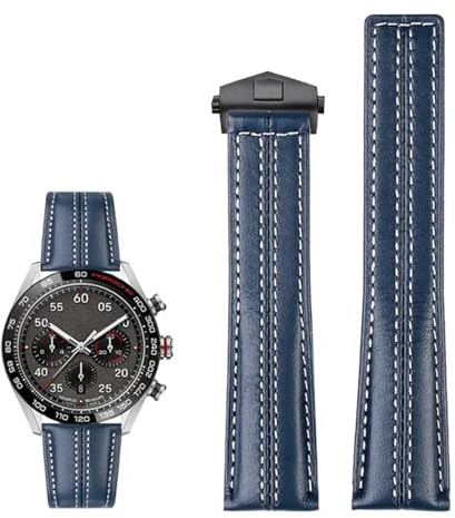 BAHDB 22 mm echtes Lederarmband für Tag Heuer-Uhr Carrera Monaco Herrenarmbanduhr Rindsleder-Faltschließe(Blue black buckle)