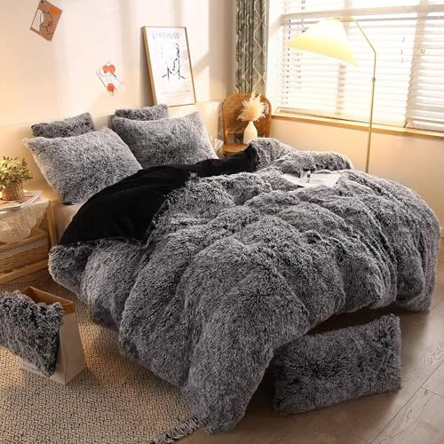 Sacebeleu Winter Bettwäsche 220x240cm Schwarz Plüsch Langhaar Flauschig Flanell Biber Bettbezug Warme Deckenbezug Bettbezug und 2 Kissenbezug 80x80cm mit Reißverschluss