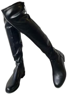 iKrush Black Composition Leather Knee High Boots for Women, Tie Detail Low Block Heel Round Toe Casual Winter Footwear