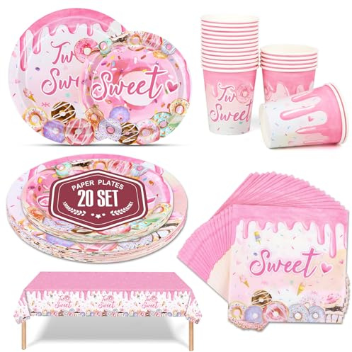 iuqiepo 101 Pcs Donut Party Plates Disposable Cutlery Set, Party Plates Cups and Napkins, Afternoon Tea Decorations, Pink BirthdayParty Decorations (Set of 20)