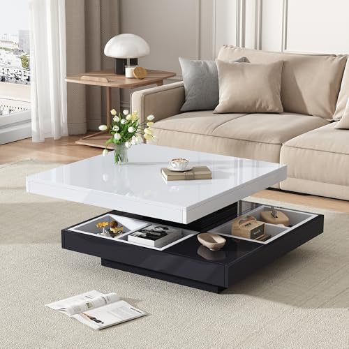 BTM Hochglanztischplatte funktionaler Couchtisch, Wohnzimmertisch, 360° drehbar, 2-stöckige drehbare Tischplatte mit Ablagefach, weiße Wohnzimmertischplatte, schwarzes Untergestell 70 * 70 * 36 cm