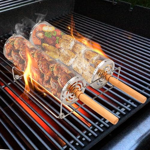 AROMUJOY 2 Stück Rollender Grillkorb Set, Zylindrischer Rotierender Grillkorb Edelstahl 304 mit Abnehmbarer Holzgriff und Halterung, GrillZubehör für Outdoor-Grill, Gemüse, Fleisch Garnelen