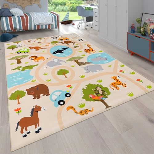 KADIMA DESIGN Kinderteppich waschmaschinenwaschbar Safari‑Straßen‑Muster Kinderzimmer schmutzabweisend Mehrfarbig Rechteckig 80x150 100% Polyester pflegeleicht