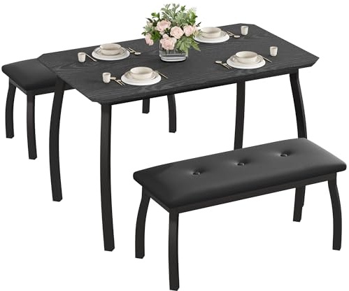 Niwugady Essgruppe für 4 Personen, 3-teiliges Set mit Esstisch und 2 Gepolsterten Bänken, Stabiler Metallrahmen & Holzplatte – Modernes Design für Esszimmer, Küche, Apartment, Schwarz