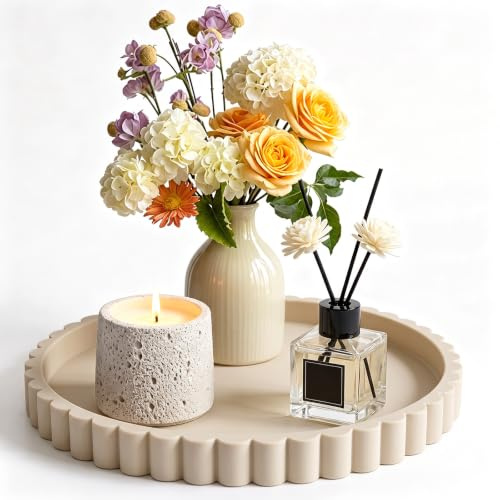 JNCST Decorative Trays for Home Decor, 23cm Scalloped Wavy & Round Display Plate, Silicone Cosmetic Tray Vanity Organiser, for Candle holder, Lotion Bottles, Perfume, Jewelry Storage (Beige,Scalloped)