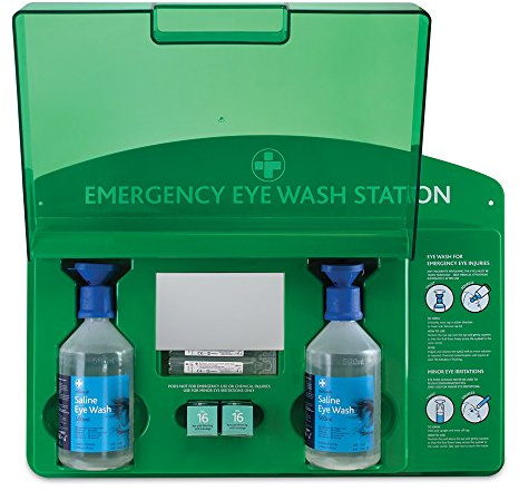 Reliance Medical Eye Wash Station - Complete Emergency Solution with Illumination, Includes Eye Bandage, Saline Eye Wash 500 ml, Saline Eye Wash Pods