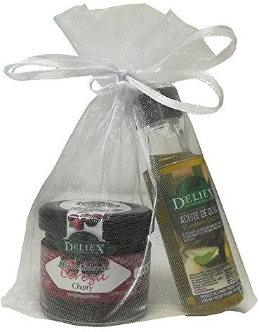 Regalo de botella de Aceite de Oliva miniatura Deliex con tarrito de mermelada de cerezas sin gluten para eventos (Pack 24 ud)