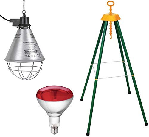 Portalampada in alluminio riflettore riscaldamento pulcini, suini, cuccioli. diametro cm.21 con catena e griglia + lampada infrarossi 150 WATT + cavalletto per la sospensione del portalampada