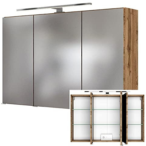 Lomadox Spiegelschrank 100cm Badezimmer LED 3-türig FLORIDO-03-OAK in Wotaneiche Nb., B/H/T: ca. 100/64-69/20 cm