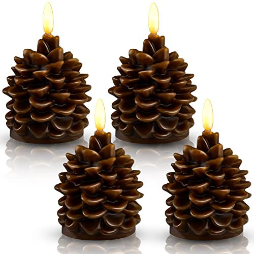 Hortsun 4 Pieces Brown LED Pinecone Candle Decor Unscented Battery Operated Flameless for Thanksgiving Christmas Winter Holiday Decoration