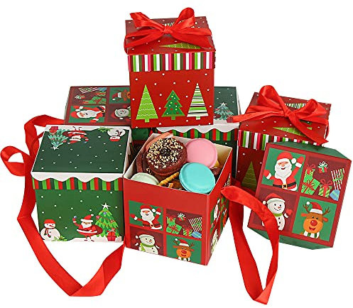 LOKIPA Small Christmas Boxes,6 Collapsible Folded Christmas Candy Sweet Present Boxes with Ribbon for Christmas Kids Party