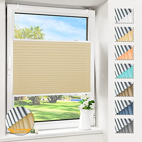 Magiea Plissee ohne Bohren verdunkelung, Thermo Plisseerollo Klemmfix, Hellbeige 65x100cm(BxH), Verdunklungsplissee 100% lichtundurchlässig, Faltrollo für Fenster, Sichtschutz Sonnenschutz