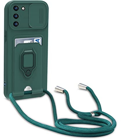 yanasuo Schiebe Kameraschutz Silikon Handykette Hülle kompatibel mit Samsung Galaxy S23 Plus, Metall Ring Halter Handy Cover,Verstellbarer Halskette Handyhülle-Dunkel Grün