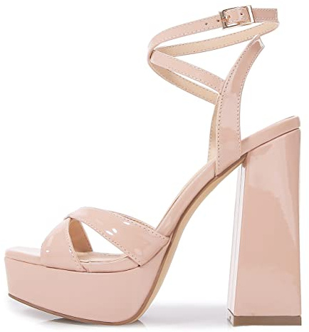 YooPrettyz Sandalias de tacón alto grueso con plataforma y puntera cuadrada para mujer, estilo retro, con tiras, para fiesta, graduación, vestido de noche, Desnudo/, 41 EU