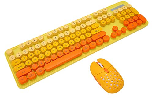 Annadue Combo Tastiera e Mouse Wireless, Macchina da Scrivere retrò Colorata, Tastiera Punk Rotonda a Grandezza Naturale da 2,4 GHz con Mouse Regolabile a 3 DPI per PC, Laptop (Colore Misto Giallo)