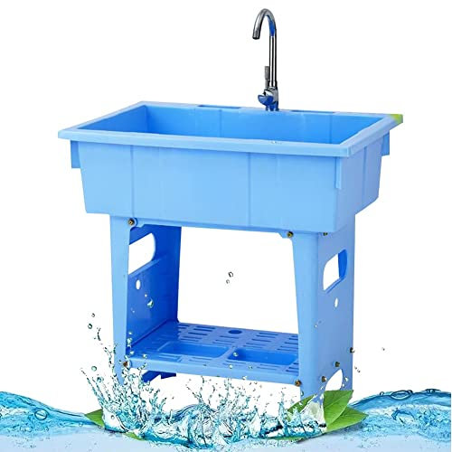 ANSNOW Évier de Cuisine En Acier Inoxydable, Lavabo Utilitaire Pour Bac À Linge, Station de Lavage Autoportante Avec Planche À Laver, Kit de Robinet, Pour Jardin/Balcon/Garage/Bleu-A/72 * 56 * 81 Cm