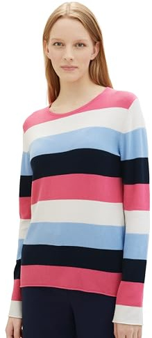 TOM TAILOR Damen Basic Pullover mit Rundhalsausschnitt, 35538 - Pink Multicolor Stripe, L