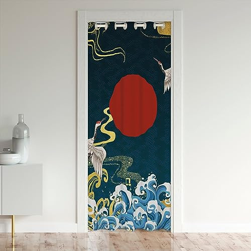 Loussiesd Japanese Ukiyoe Door Curtain for Doorway Privacy Hokusai Pattern 30%-50% Room Darkening Blackout Insulated Thermal Curtain Crane Window Treatments Wave Pattern 86x203cm