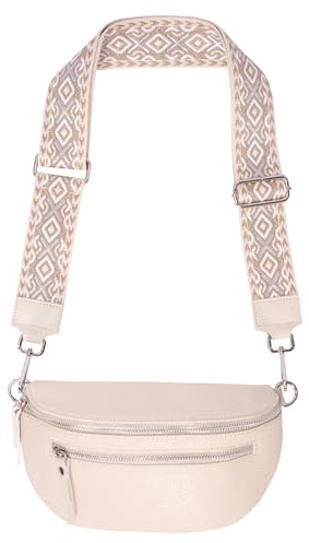 Mittelgroße Gürteltasche Crossbody Bag aus 100% Echtleder mit breitem Gurt und 2 Zipper - Pia (Creme FF)