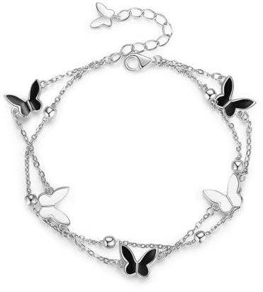 TOEECY 925 Silber Doppelschicht Schmetterling Armband Damen Mehrreihig Kettenarmband Zart Schmuck Handgelenk Accessoire Verstellbar