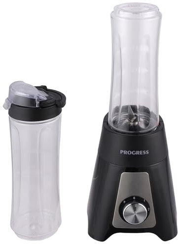Progress kompakter Smoothie-Mixer, elektrischer Standmixer, ideal für Shakes, Säfte, 2 tragbare Sportflaschen mit Deckel, BPA-frei, 2 Geschwindigkeiten mit Pulsfunktion, platzsparend, 400 W, 600 ml