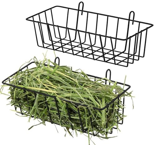 Kaninchen-Heu-Futterstation, 2 Stück, Metall, Kaninchen, Heuraufe zum Aufhängen, Heuhalter, Grashalter, Kleintierkorb mit Haken für Frettchen, Meerschweinchen, Kleintiere
