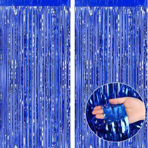 Yowlens Tinsel Curtain - 2pcs 3.2ft x 6.5ft Tinsel Curtains Pastel Foils Fringe Party Decoration Background Door Curtains Hanging Streamers for Birthday Child School Party (Blue)