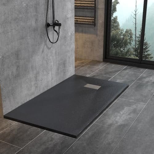 WITEN&NOCK SMC Duschwanne 160x90cm schwarz Brausewanne Duschtasse extra flache Steinoptik Antirutsch inkl. Abdeckung und Ablaufgarnitur Ø90mm Siphon