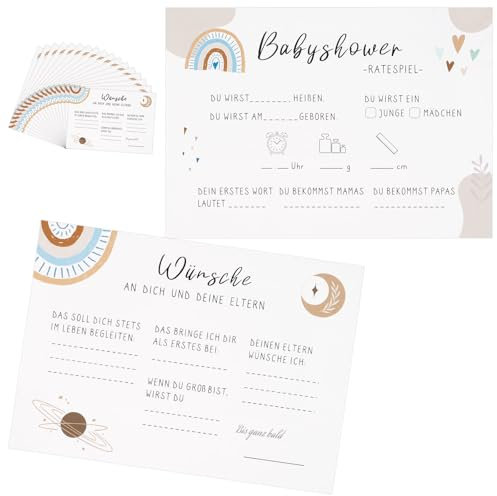 Maxmoc Babyparty Spiele Karten zum Ausfüllen, Deutsch Babyshower Party Spiele Karten, Deko Baby Ratespiel Karten Jungen und Mädchen, 20 Tippkarten für die Gender Reveal Feier – Beidseitig Bedruckt