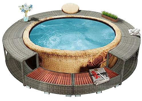 Cozynest -Umrandung Whirlpool Umrandung mit 2 hölzernen Spa-Stufen Spa Poolumrandung für Schwimmbecken Grau Poly-Rattan