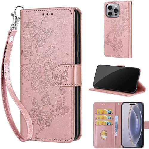 KENHONER Phone Case for iPhone 16 Pro Max, Butterfly - Rose Gold | Shockproof Flip Wallet, Card Slots, Kickstand, PU Leather, Wrist Strap Lanyard