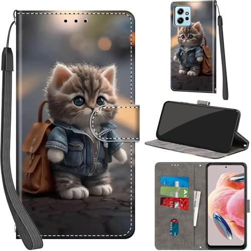 Handyhülle für Xiaomi Redmi Note 12 4G Hülle PU Leder Schutzhülle Klappbar mit Kartenfach Ständer Handytasche mit Kameraschutz Flip Case Klapphülle für Redmi Note 12 4G, Katze