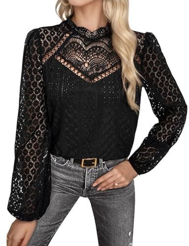TANTOMI Bluse Damen Elegant Stehkragen Elegante Blusen Oberteile Lässige Tops mit Laternenärmeln Rüschenbluse Schwarz
