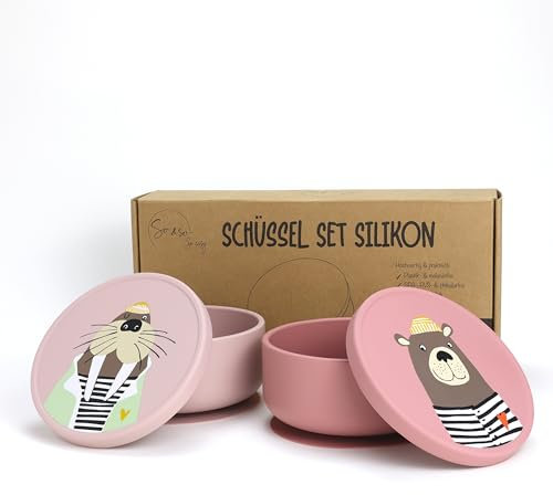 So&So Silikon Schüsseln 2er-Set mit starkem Saugnapf & Deckel, BLW Schale, Esslernschüssel Baby & Kleinkind, Breischale, Babyschüssel ((Einhorn Rosa I Sonnenhut Pink) Walross I Bär)