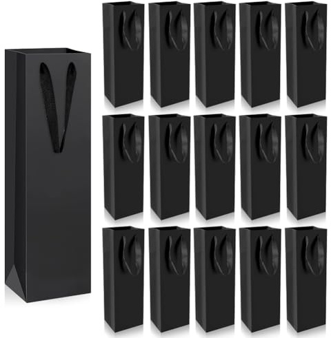 Aoreun Bolsas para Botellas, 15 Piezas Bolsas de Papel Kraft para Botellas con Asa Packaging, para Fiestas, Bolsa de Regalo para Vino (11 x 9 x 35 cm) (Negro)