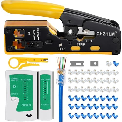 Rj45 Crimp Tool Pass Through Ethernet Crimping Kit for 8P-Cat7 Cat6 Cat5 6P Telephone Connector Network Crimping With Cable Tester Covers Connectors Mini Yellow Stripper