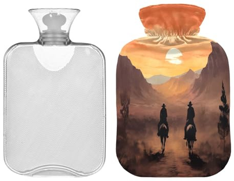 SKYSHU Cowboy Hot Water Bottle, 1L Transparent Leakproof Hot Water Bag Washable Heat Resistant Water Bottle with Soft Plush Cover for Menstrual Cramps Neck and Shoulder Pain Relief