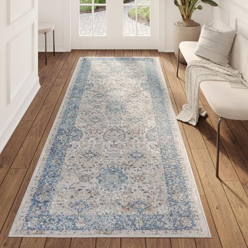 TAPISO Valley Teppichläufer Vintage, Kurzflor Blau Blumen Rahmen Used Effekt Meliert Verwischt, für Flur, Wohnzimmer, Schlafzimmer, Esszimmer – Eleganter TeppichLäufer – 80 x 200 cm