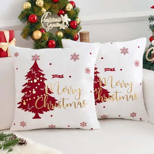 Weiß Samt Kissenbezug Weihnachten 45x45 Weihnachtliche Rot Weihnachtsbaum Muster Weihnachts Winter Kissenbezüge für Dekokissen Sofakissen Weihnachtsdeko Geschenk Wohnzimmer Schlafzimmer Balkon