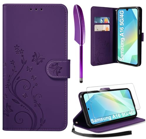 AROYI Lederhülle für Samsung Galaxy A16 5G/4G Hülle und Schutzfolie | Dunkel Violett Flip Wallet Handyhülle PU Leder Magnet Ständer Tascher Kartenfach Case Schutzhülle