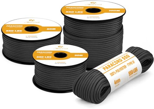 Abma Cord Paracord 4mm 15m Cuerda Paracord 550 Tipo III 7 Hebras para Al Aire Libre, Supervivencia, Camping, Bricolaje - MAX. 250 kg - Negro